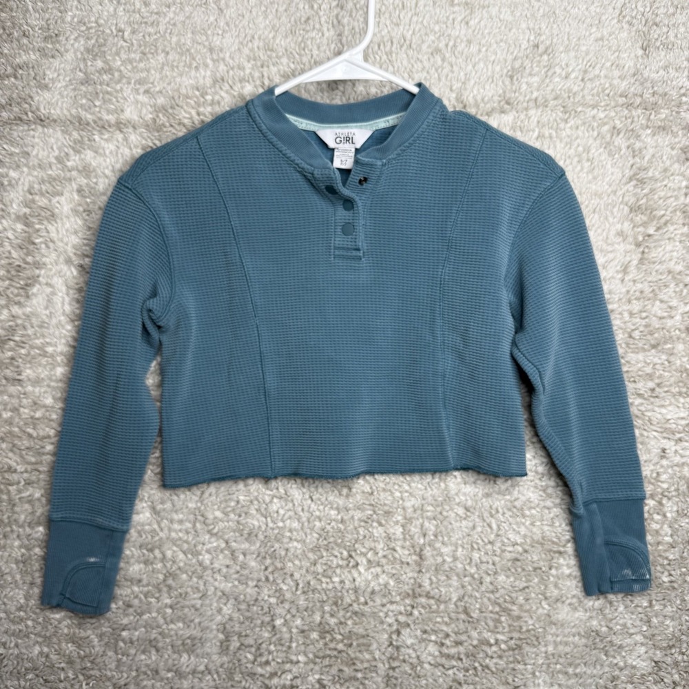 Athleta Girl Long Sleeve Girls Size Small CH 7 Blue Ribbed Crop Top with Buttons